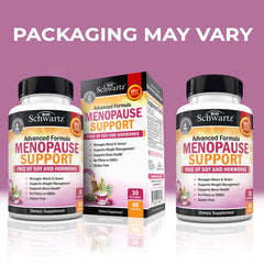 BioSchwartz menopause support capsules close-up, easy-to-swallow vegetarian formula.