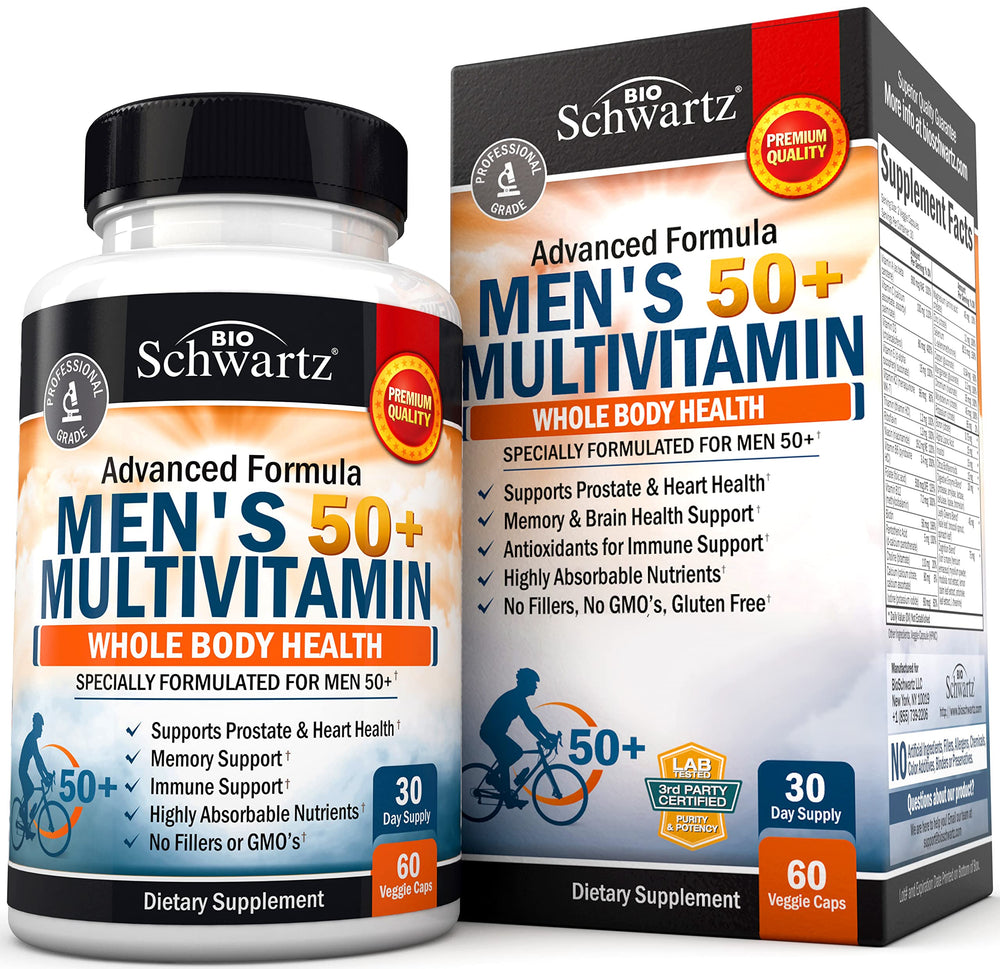 BioSchwartz 50+ multivitamin bottle promotes daily energy and focus.