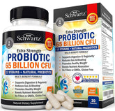 BioSchwartz probiotic 65-billion bottle with capsules for daily digestive support.