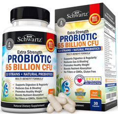 BioSchwartz probiotic 65-billion bottle with capsules for daily digestive support.
