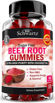 BioSchwartz sugar-free beet root gummies bottle with strawberry flavor supports natural energy.