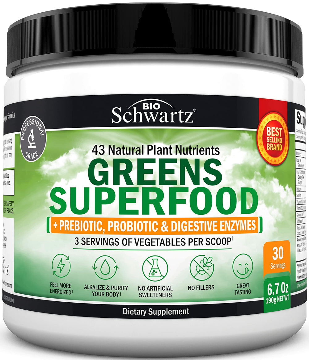 BioSchwartz Super Greens powder tub front for daily antioxidant support.