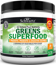 BioSchwartz Super Greens powder tub front for daily antioxidant support.
