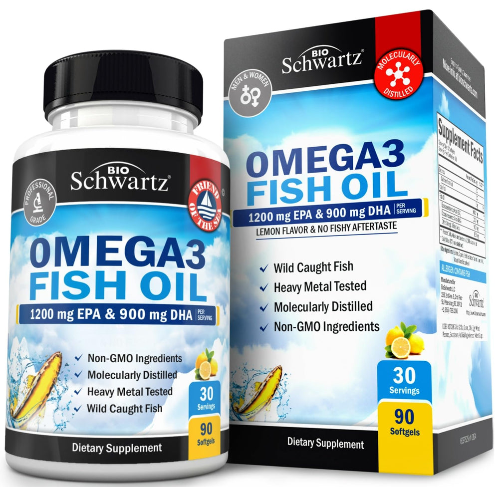 BioSchwartz triple-strength omega-3 bottle front supports daily heart and joint health.