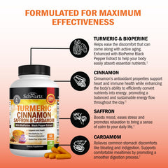 BioSchwartz turmeric bottle with saffron and cardamom visuals emphasizing natural ingredients