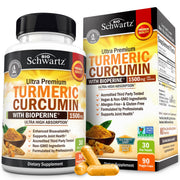 BioSchwartz turmeric curcumin bottle showing 1500mg with BioPerine for enhanced absorption.