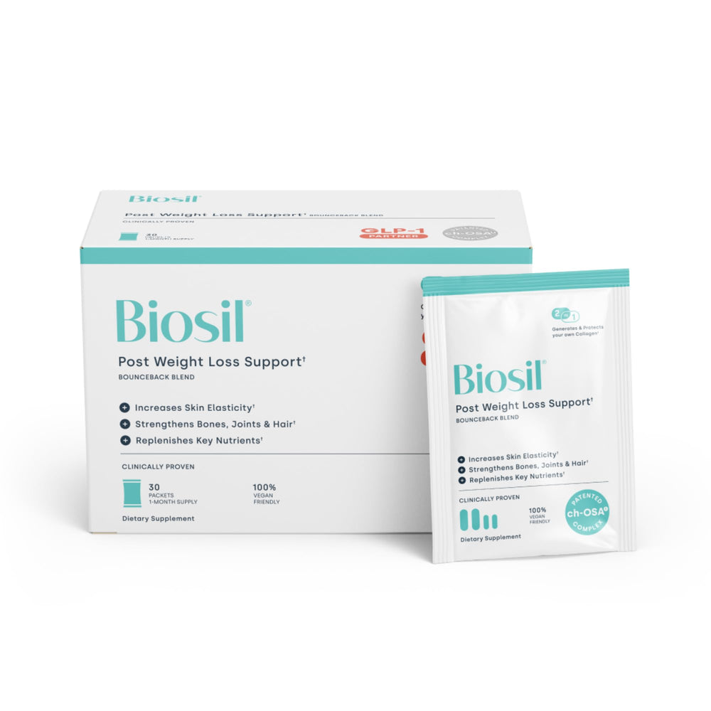 Biosil BounceBack Blend packets support post-weight loss skin elasticity.