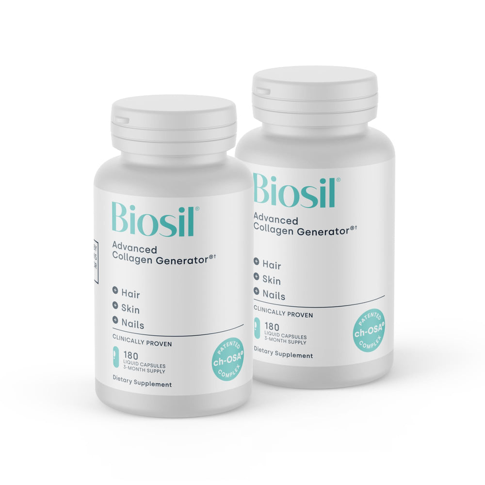 Biosil Collagen Booster bottle pouring capsules for skin and hair support.