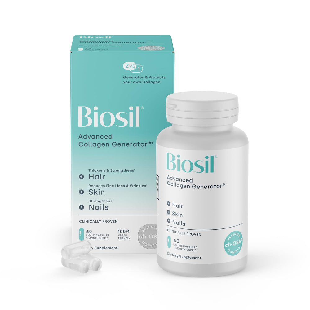 Biosil Collagen Booster bottle with vegan capsules for healthier skin and nails.