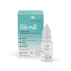 Biosil Collagen Booster Drops bottle on a counter for daily skin support.
