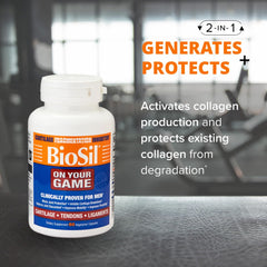 Biosil On Your Game packaging on a shelf suggests convenient daily use.