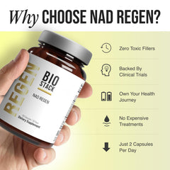 BIOSTACK NAD Regen capsules closeup showcases high-absorption formula for mitochondrial support.