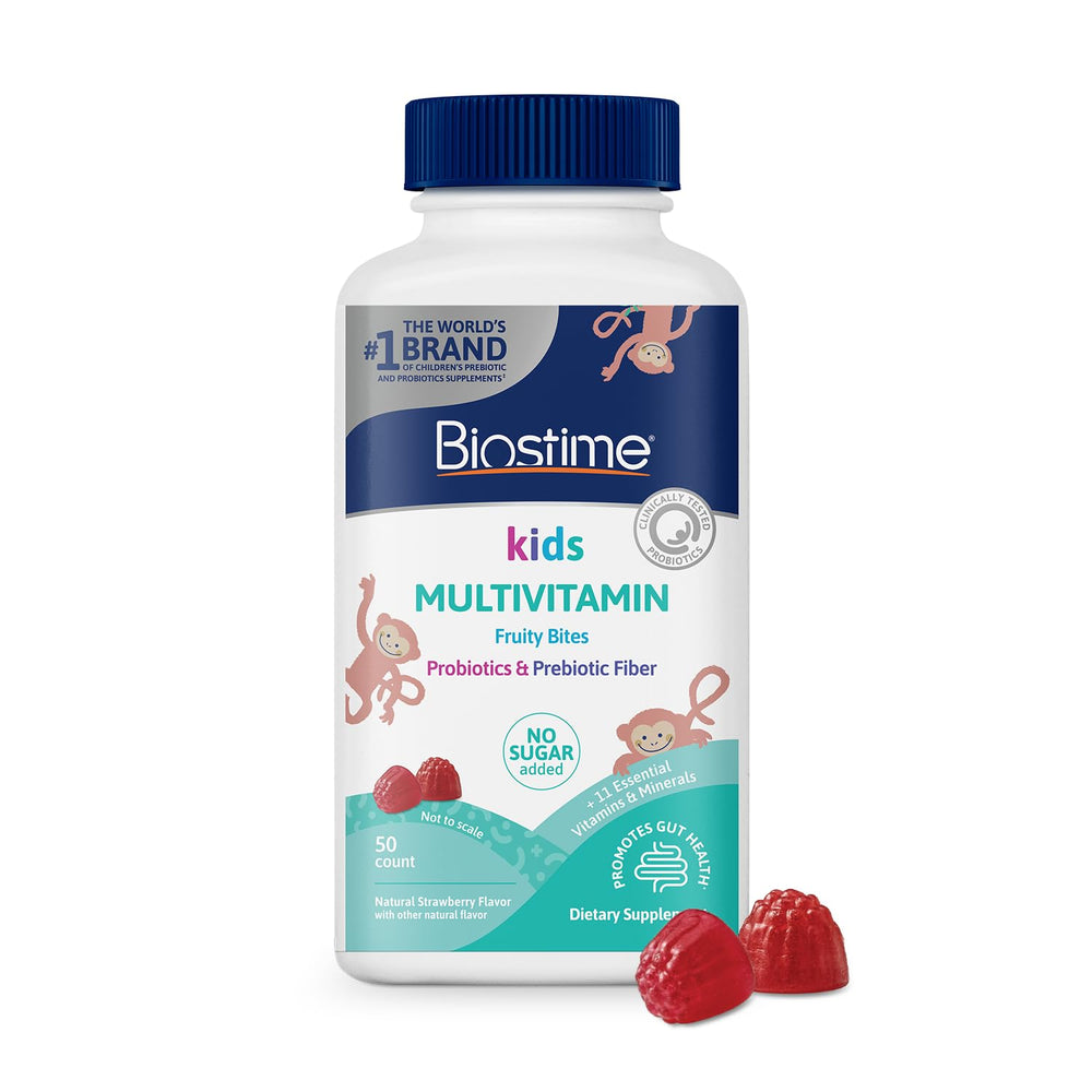 Biostime Kids Multivitamin Gummies bottle on kitchen counter for daily nutrition