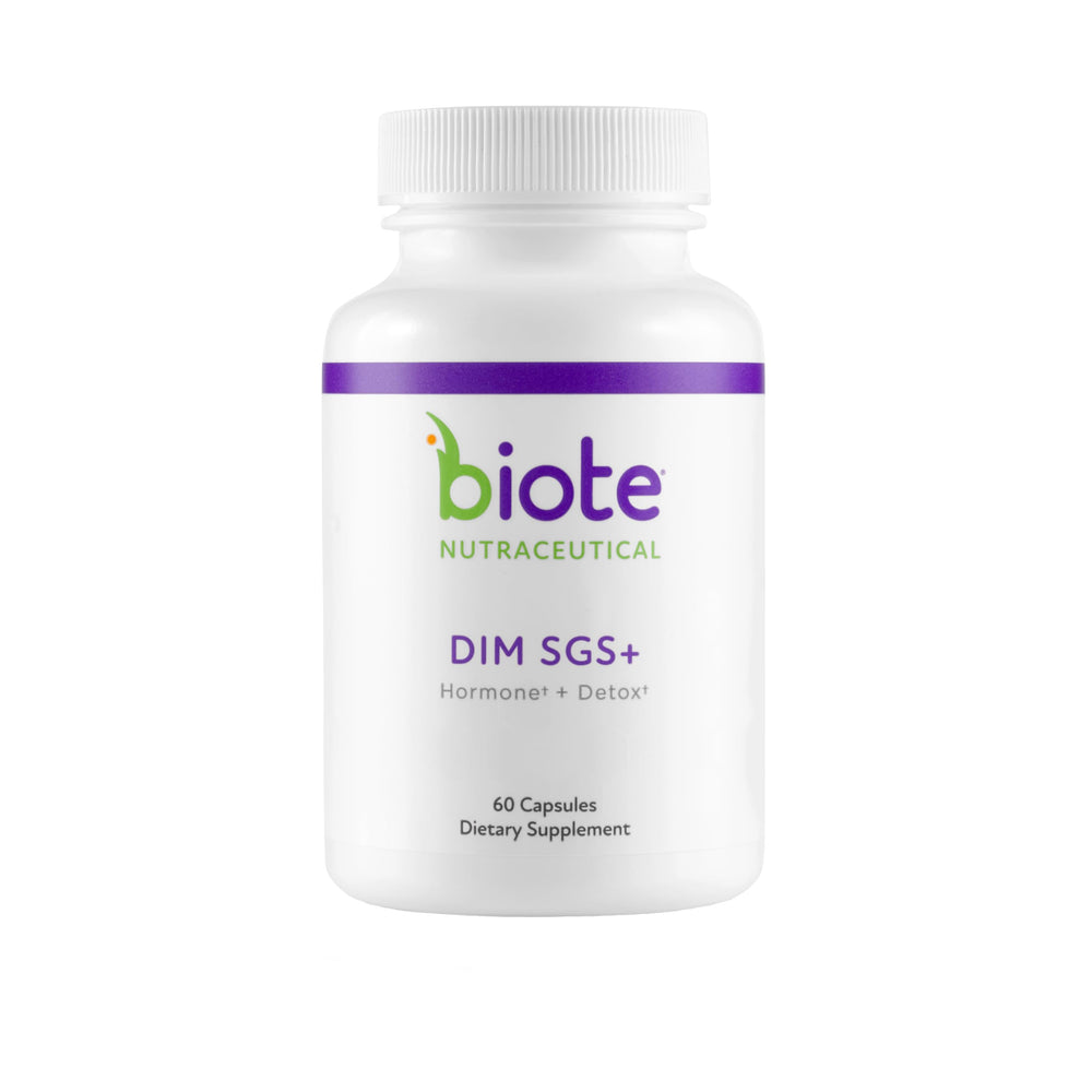 Biote DIM SGS+ bottle front view highlights hormone support potential.