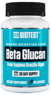 Biotest Beta-Glucan bottle close-up showing the 600 mg dose for immune support.