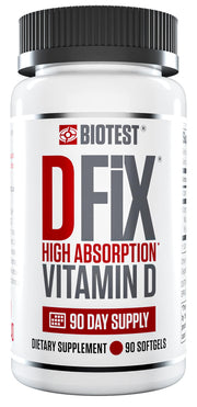 Biotest D Fix bottle front showing 90 softgels for daily vitamin D support.