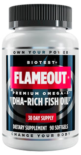 Biotest Flameout bottle close-up highlighting high-potency DHA/EPA for daily omega-3 support.
