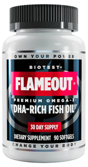 Biotest Flameout bottle close-up highlighting high-potency DHA/EPA for daily omega-3 support.