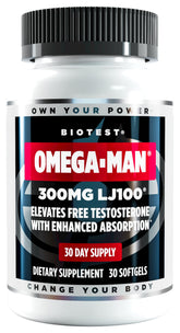 Biotest Omega-Man bottle front view showing LJ100 300mg softgels for daily energy support