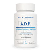 BIOTICS RESEARCH A.D.P. oregano tablets bottle shows sustained release for gut support.
