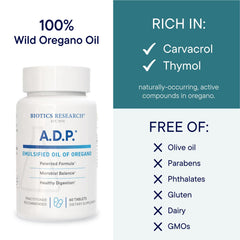 Biotics Research ADP emulsified oregano tablet close-up with label details
