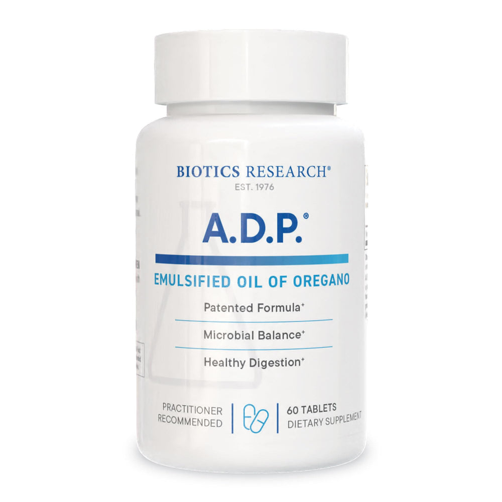 Biotics Research ADP emulsified oregano tablets packshot for GI support