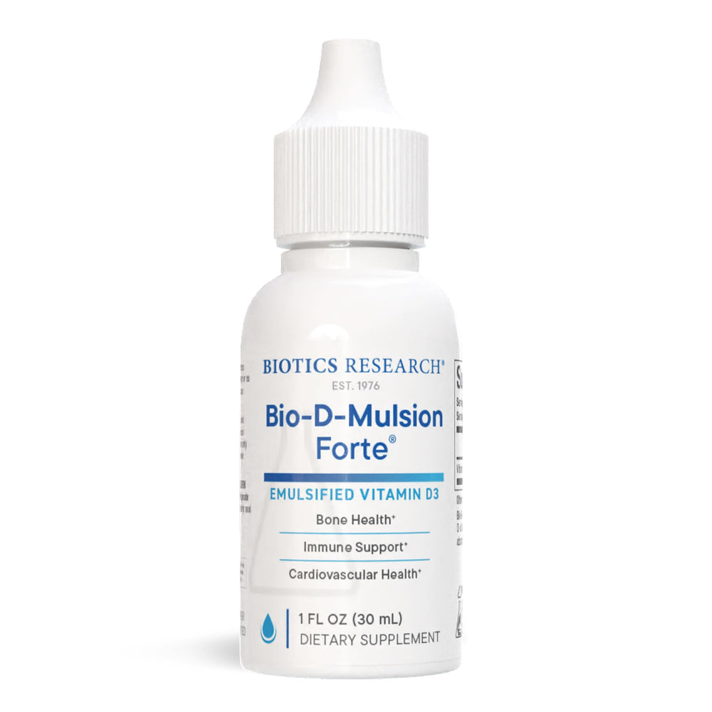 Biotics Research Bio-D-Mulsion Forte bottle front shows easy daily vitamin D drops and dose.