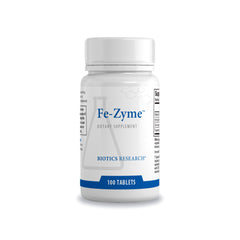 Biotics Research Fe-Zyme iron tablet on white background supports normal red blood cell function.