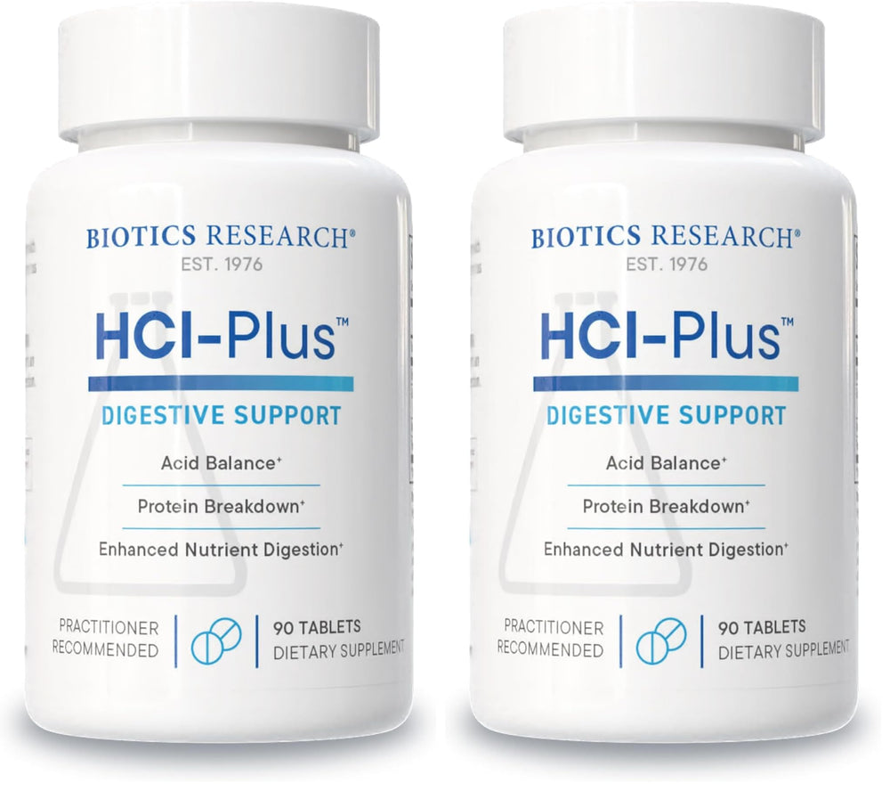 Biotics Research HCl Plus bottle front, signaling digestive support in a clean label.