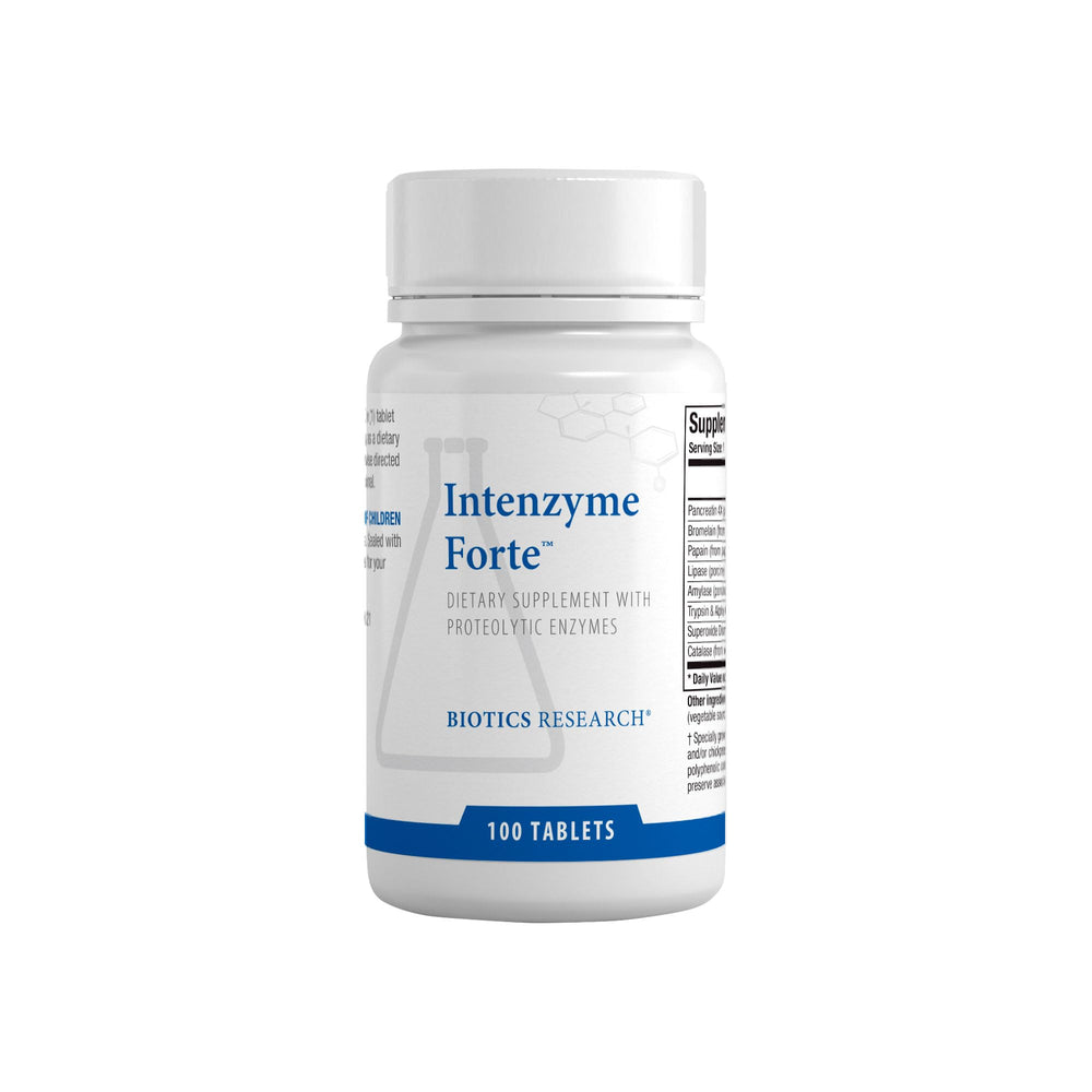 Biotics Research Intenzyme Forte bottle showing capsules for digestion support.