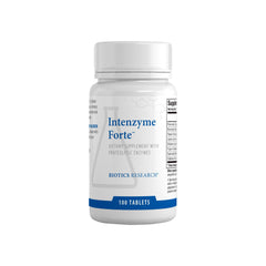 Biotics Research Intenzyme Forte bottle showing capsules for digestion support.