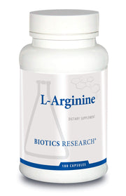 Biotics Research L-Arginine bottle label shows ingredients and dosage.