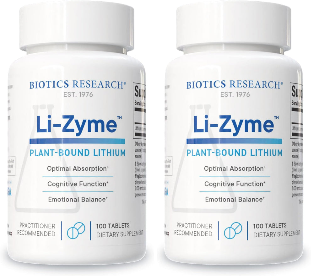 Biotics Research Li-Zyme bottle highlighting whole-food lithium for brain support.
