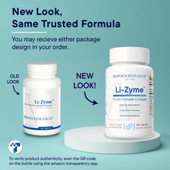 Biotics Research Li-Zyme packaging emphasizes USA-made production in a GMP facility.