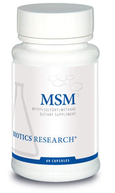 Biotics Research MSM Potent Sulfur bottle shows capsules for joint comfort and skin support.