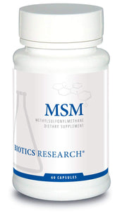 Biotics Research MSM Potent Sulfur bottle shows capsules for joint comfort and skin support.