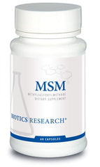 Biotics Research MSM Potent Sulfur bottle shows capsules for joint comfort and skin support.