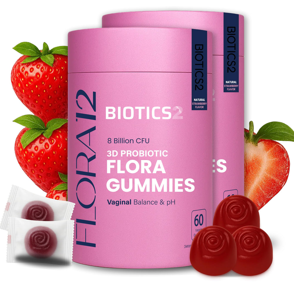 Biotics2 Flora12 bottle overview highlights vegan, sugar-free probiotic gummies