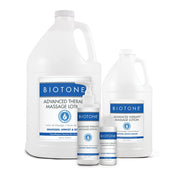 BIOTONE Advanced Therapy Massage Lotion bottle shows fragrance-free, hypoallergenic formula for sensitive skin.