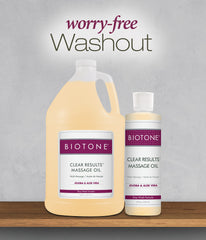 Biotone Clear Results Massage Oil label highlights ingredients and versatile beauty use.