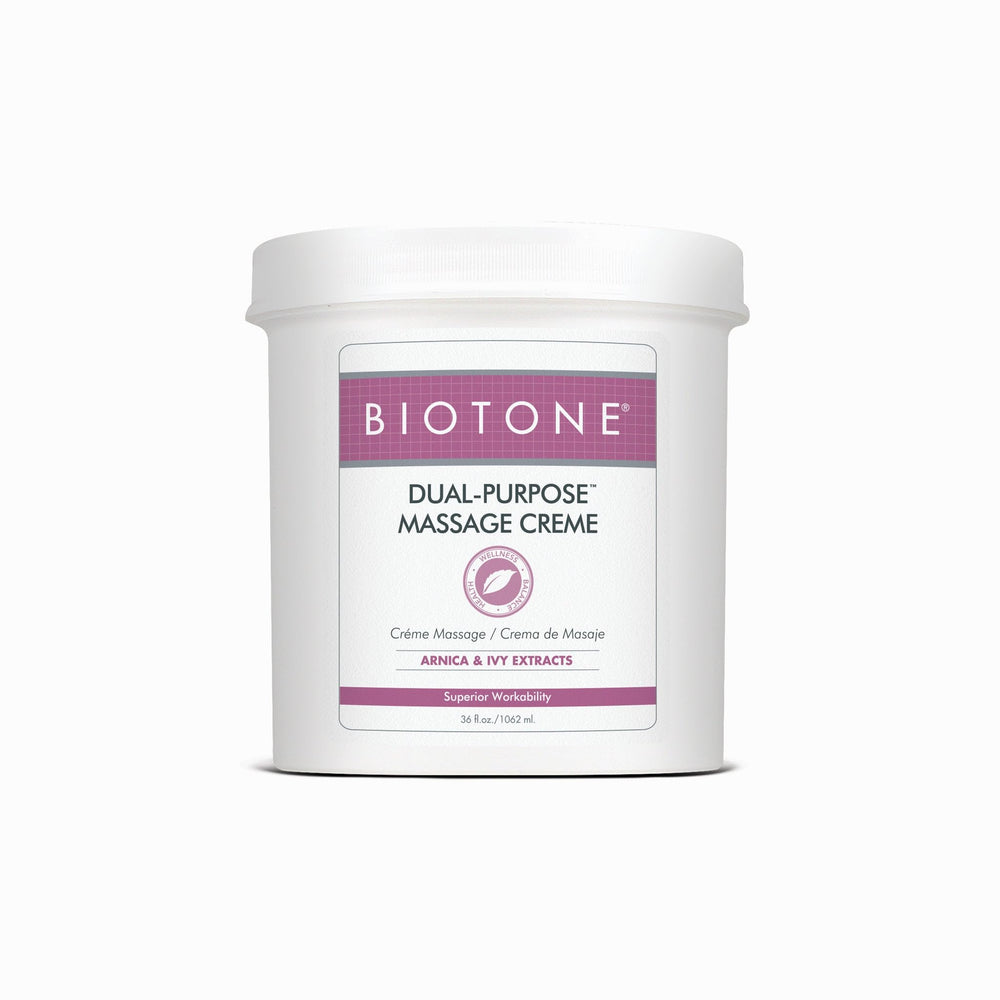 Biotone Dual-Purpose Massage Creme 36oz bottle offers smooth glide for therapy sessions.