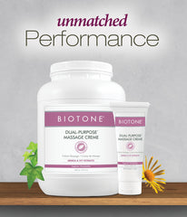 BIOTONE Dual-Purpose Massage Crème with Arnica and Ivy Extracts softens skin.