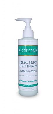 Biotone Herbal Select Foot Therapy Lotion pump bottle showing cooling relief for tired feet.