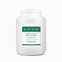 Biotone Herbal Select Massage Creme bottle showing satiny glide and skin hydration for massage