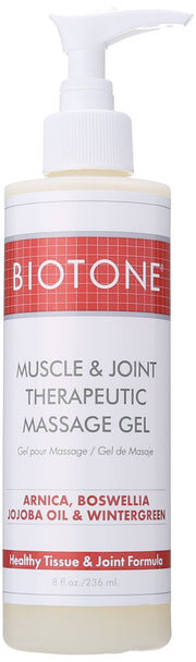 Biotone muscle gel bottle showing label for joint comfort and muscle relief.