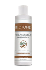 BIOTONE Truly Coconut Massage Oil bottle ready for a relaxing session