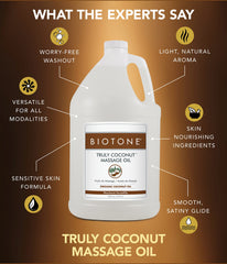 BIOTONE Truly Coconut Massage Oil label highlights organic ingredients and shelf life