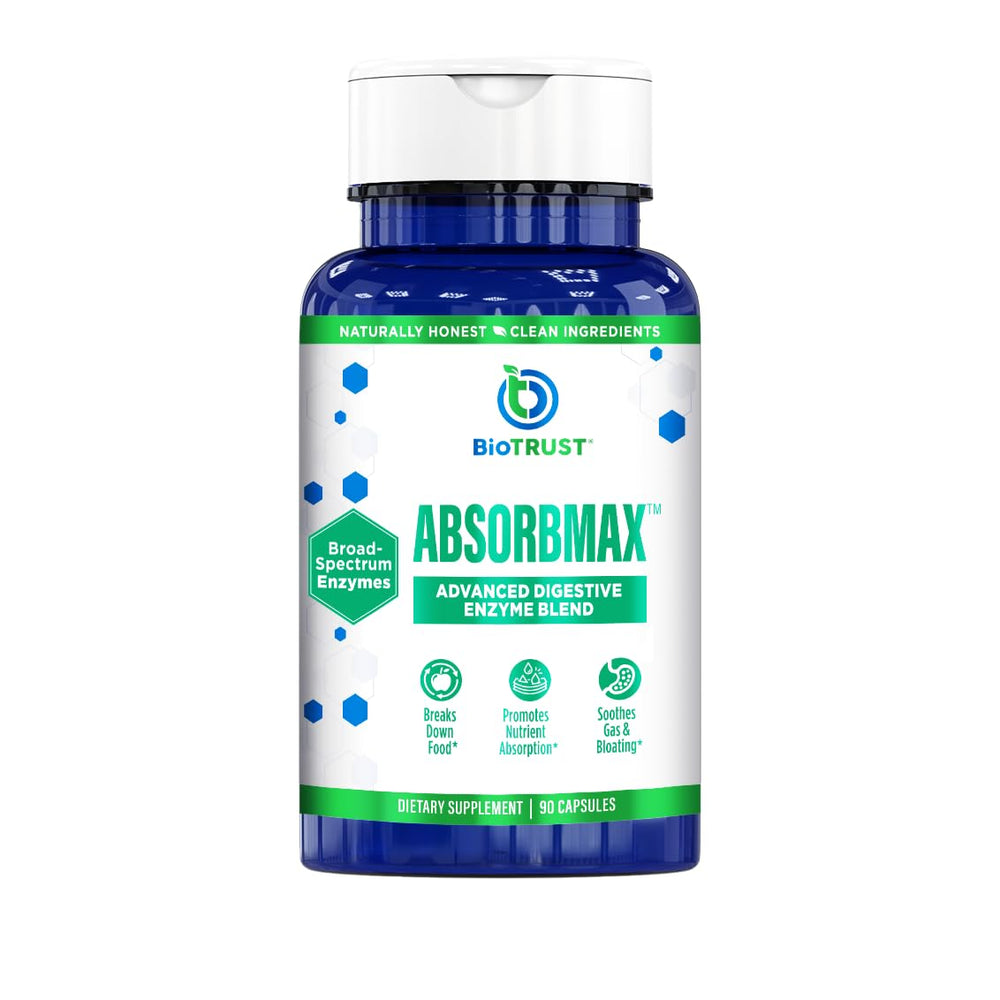 BioTrust AbsorbMax bottle front showing broad digestive support for meals