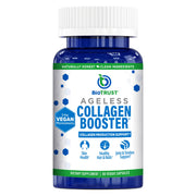 BioTrust Ageless Collagen Booster bottle close-up highlighting glow-friendly formula for skin and nails