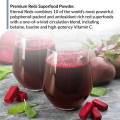 Scoop of Eternal Reds being poured into liquid for quick mixing and daily use.